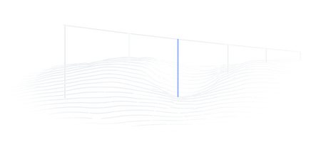 Line drawing: survey stakes run back across lit ground under a taut string line, and a blue line drops from the string into the one hollow where the ground sinks.