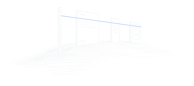 Line drawing: three real documents stand on a lit rise beside a measuring staff, one blue level line running from the staff across all three.